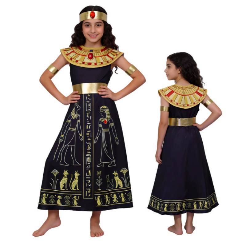 Ägyptisches Königinnenkostüm für Kinder mit Kleid, Kopfschmuck und Zubehör für Halloween und Rollenspiele