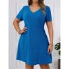Spring Summer Plus Size Women V Neck Ribbed Short Sleeve Pullover Dress Solid Color New