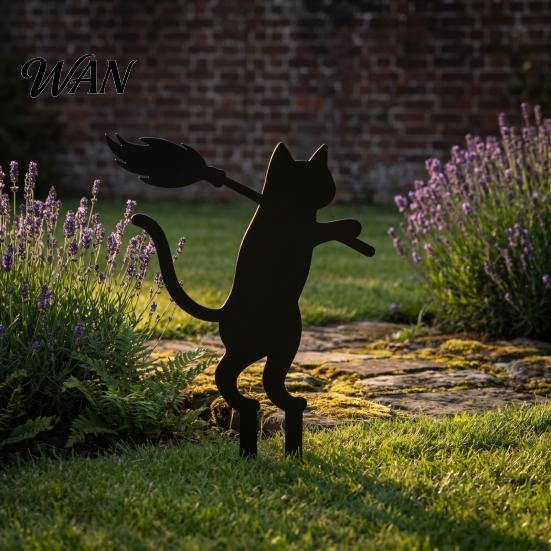 Durable Metal Yard Inserts Halloween Black Cat Stakes, Garden Stake with Pumpkin Lantern and Waterproof Statues Witch Broom, Outdoor Lawn Art