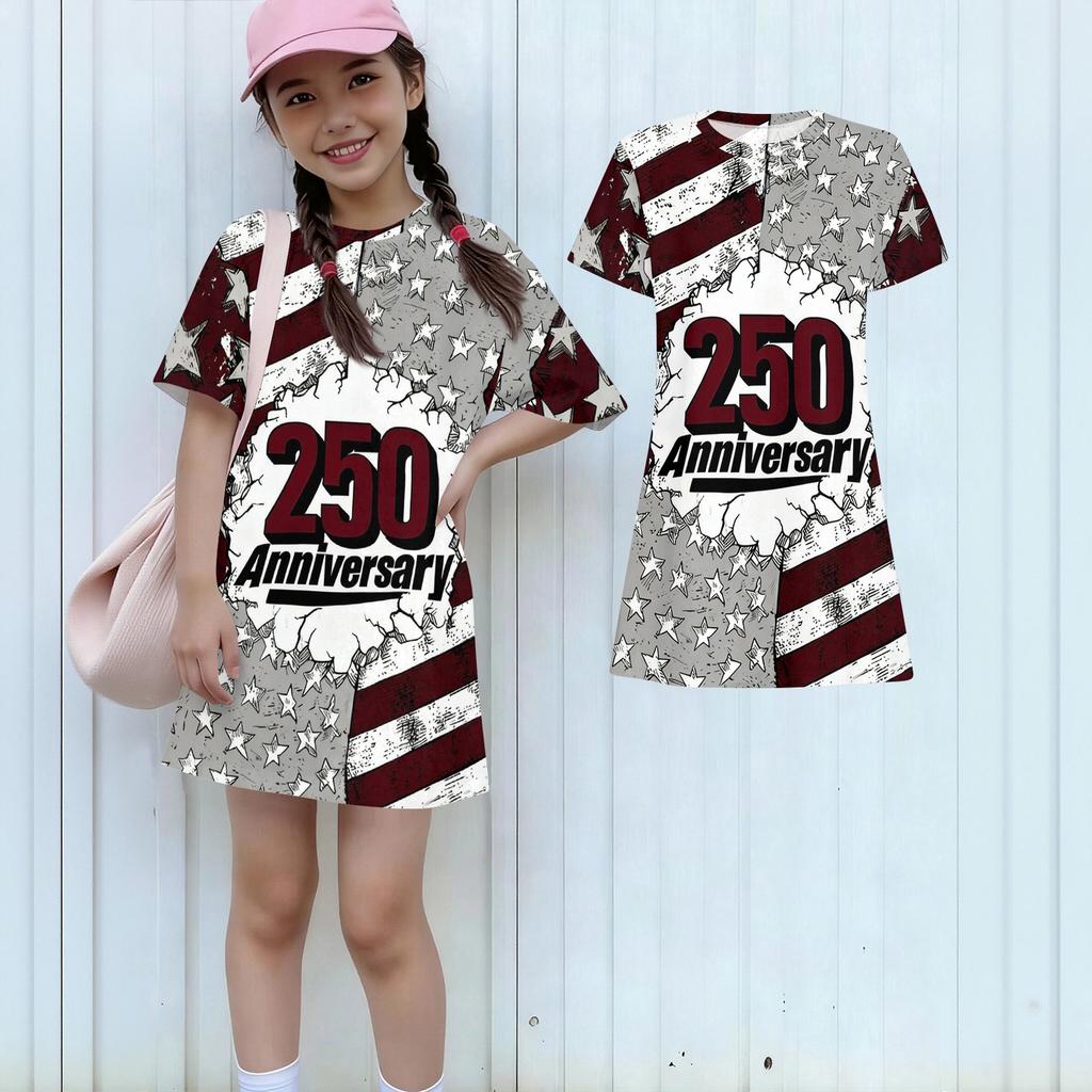 Girls Independence Day Print Casual Dress Kids Loose Round Neck Short Sleeve Thin Sundress
