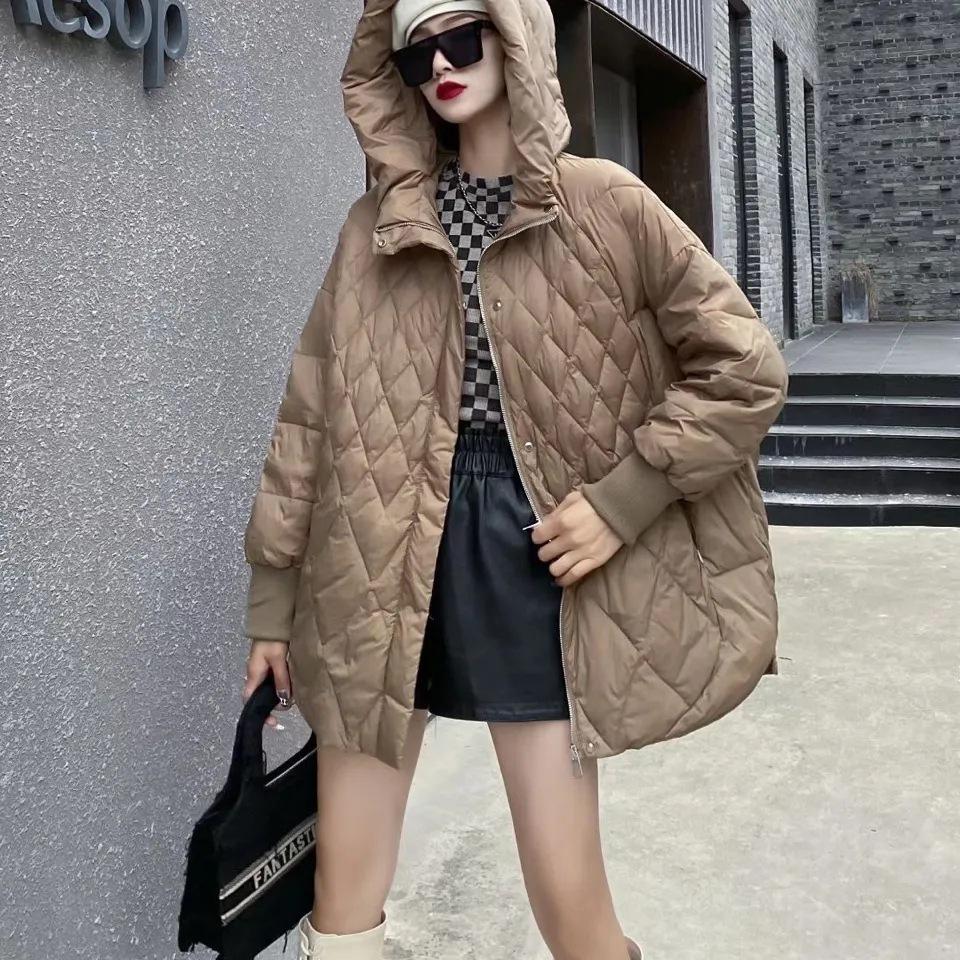Women Light White Duck Down Jacket Casual Loose Over Size Autumn Winter Outwear with Hood Coat