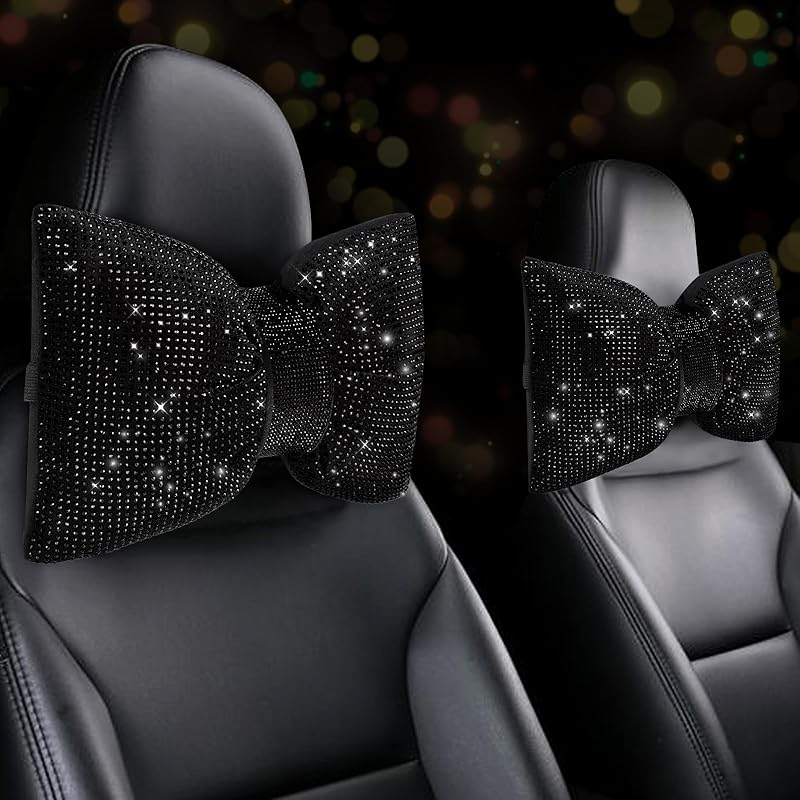 2 PCS Bling Car Pillows,Rhinestones Bowknot Car Headrest Pillow,Car Neck Pillow for Driver Relax Necksupport,Sleeping Travel Support Neck