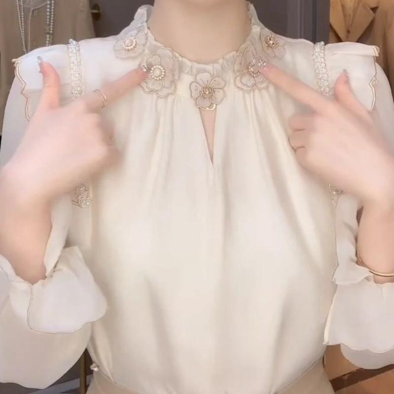 Wood Ear Edge Embroidered Top Spring New Fashion Temperament Loose Long Sleeve Solid Color Bottoming Shirt