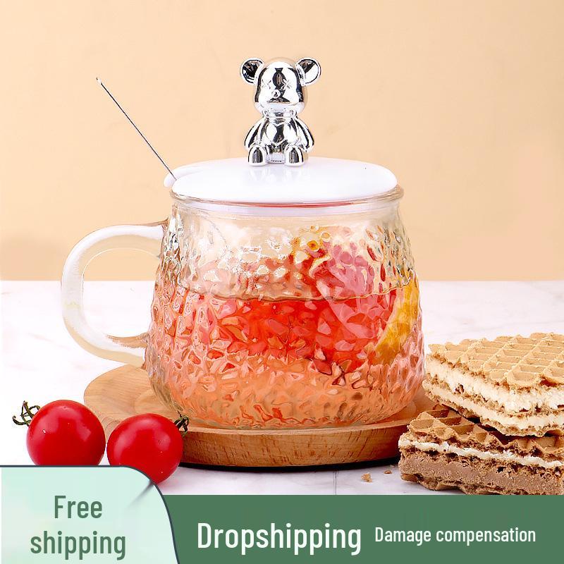 Trendige Bären-Glastasse mit Henkel & Deckel - Stilvolle und niedliche Heim-Wassertasse