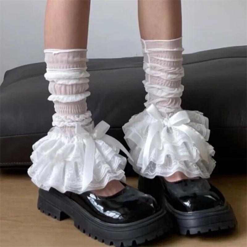 Süße Schleifen Mehrlagige Rüschen Stiefelmanschetten Damen Spitze Beinwärmer Y12K Ästhetisch Lange Socken Japanisch Lolita Gothic