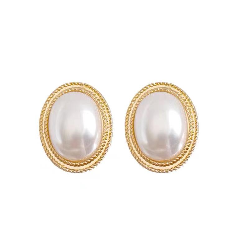 Korean Baroque Pearl Stud Earrings - Simple Oval Design, Fashionable Women's Accessories