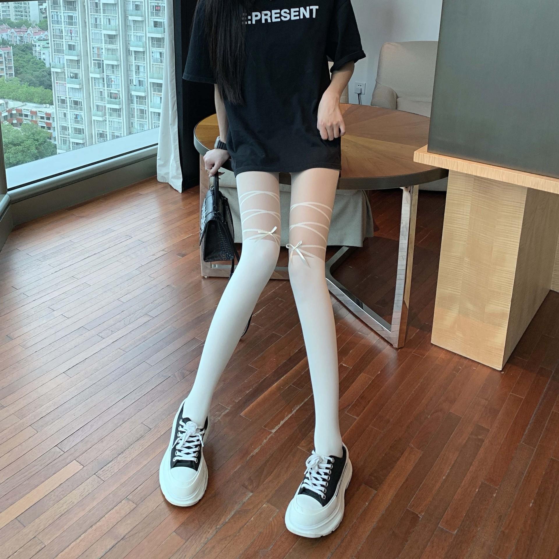 Schleifenknoten Dunkelschwarze Strümpfe Damen Dünne Strumpfhosen Japanische Weiße Strümpfe Naht Lolita Nahtlose Strumpfhosen Sexy Strumpfhosen One Size