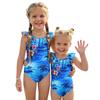 Girls One Piece Swimsuit Hawaiian Print Sleeveless Ruffle Shoulder Swimwear Kids Beachwear Bathing Suit for Summer Pool Water Activities