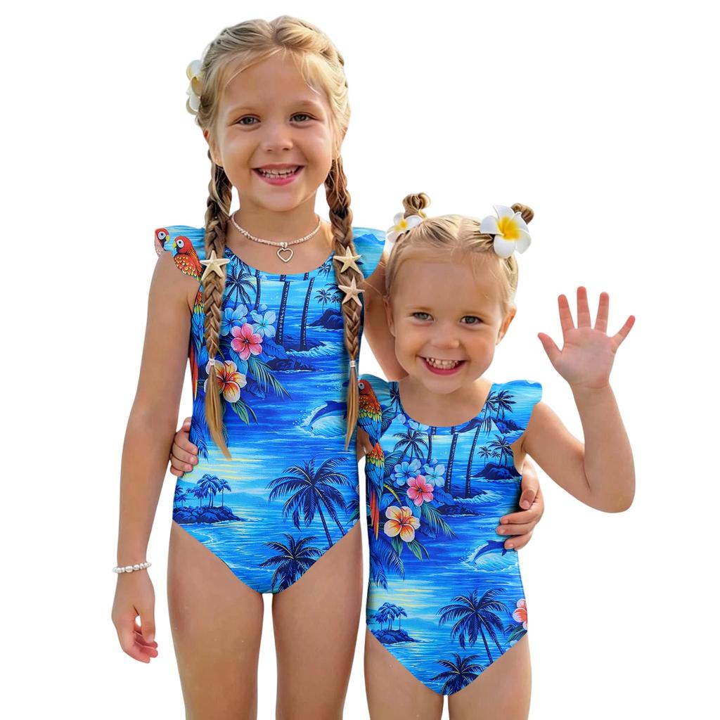 Girls One Piece Swimsuit Hawaiian Print Sleeveless Ruffle Shoulder Swimwear Kids Beachwear Bathing Suit for Summer Pool Water Activities