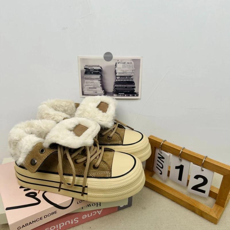 2025 Winter Women's Vulcanized Shoes Fur Womens Flat Shoes Increased Womens Sneakers Casual Female Canvas Shoes Tenis De Mujer