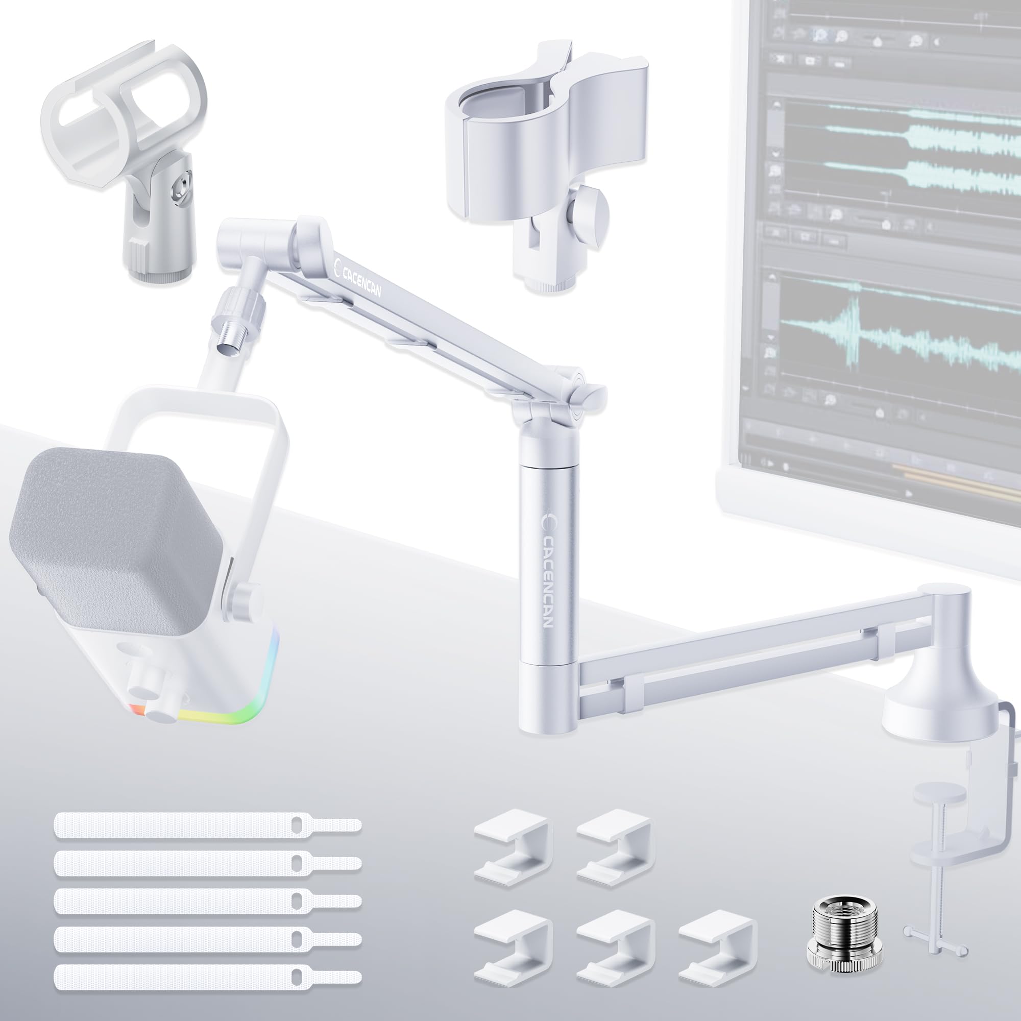 

CACENCAN M05 Pro Microphone Stand, White, Bottom Mount Microphone Boom Arm for Condenser Microphones, 38 to 58 Adapter, Tabletop Microphone Stand,