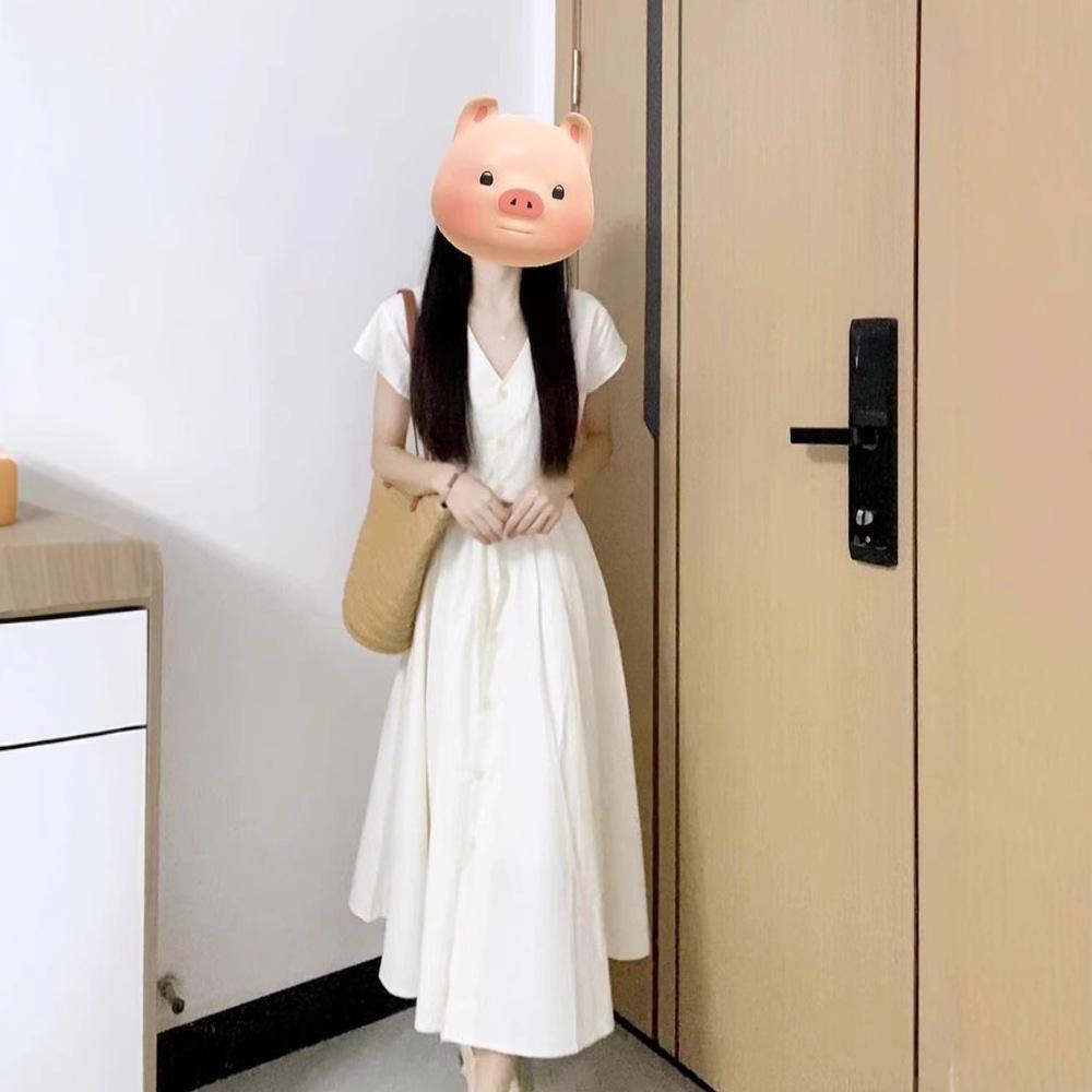 2025 Francouzské bílé letní šaty s výstřihem do V k moři pro drobné postavy - Dlouhý design se stahováním v pase