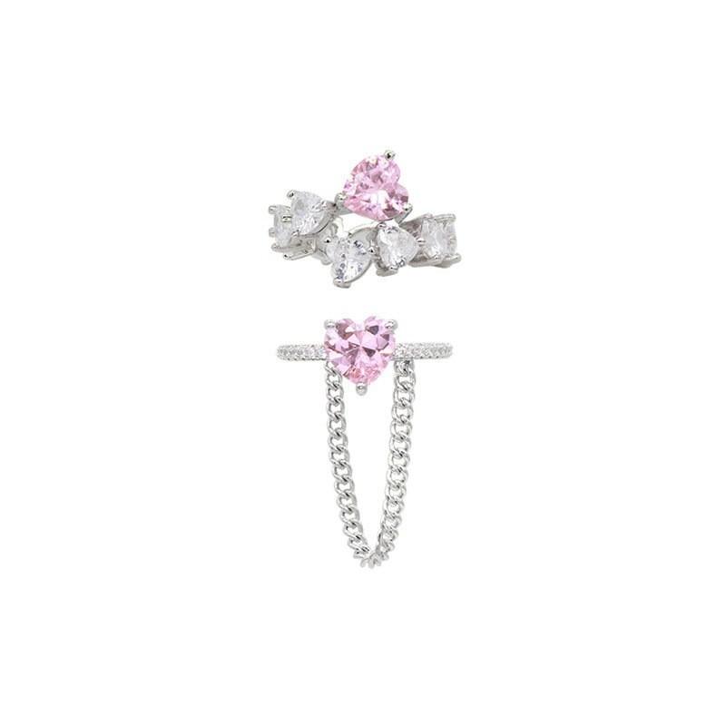 Korean Highend Style Pink Heart Zirconia Chain Ring In 925 Sterling Silver For Fashionforward Women