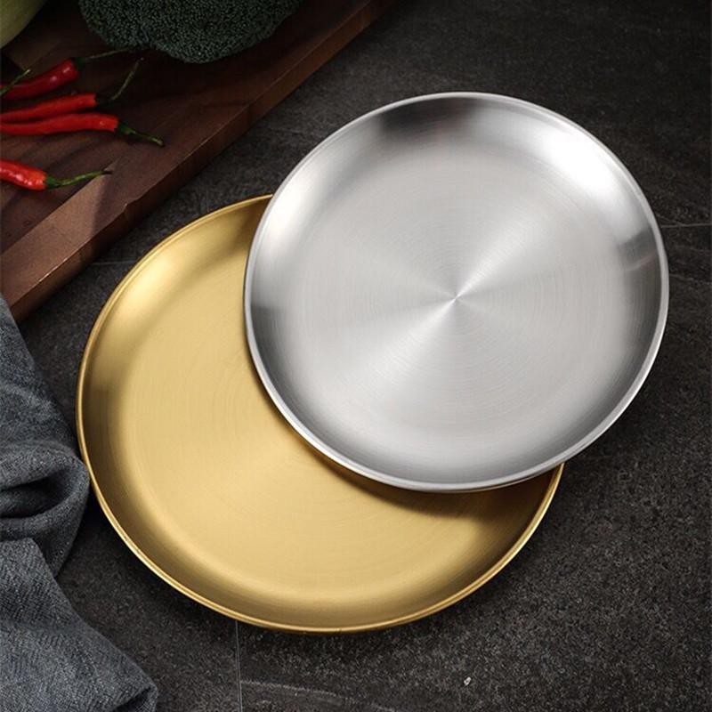 Stainless Steel Round  Food Storage Tray Korean Style Steak BBQ Buffet Plates Durable Thicken Shallow Dishes Kitchen Tools