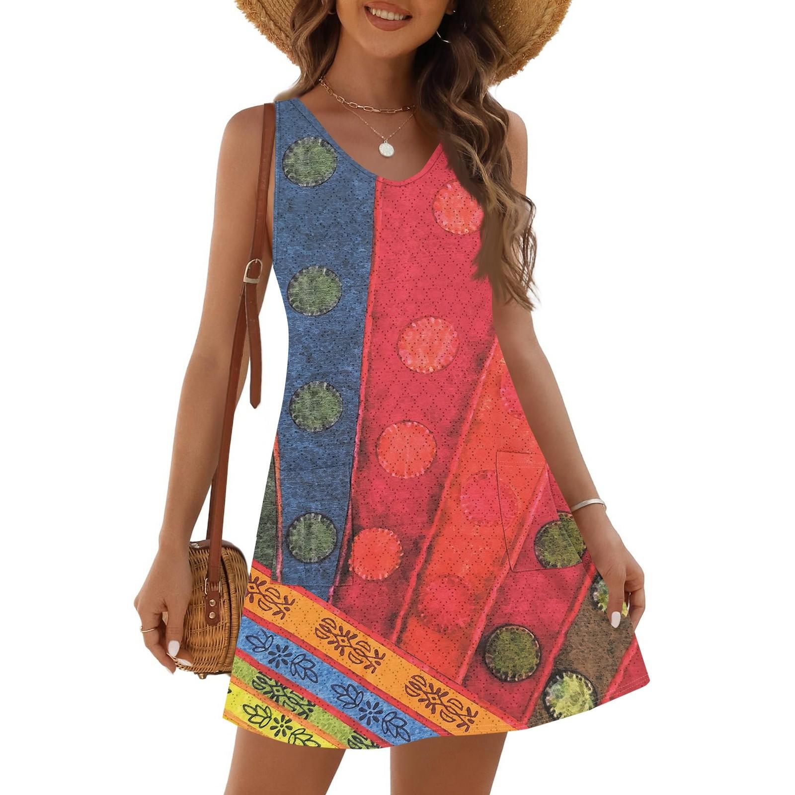 

Женское Модное Повседневное Летнее Платье без рукавов с V-образным вырезом, винтажной расцветки, с принтом и блочной строчкой, пляжный сарафан XXL киноварь