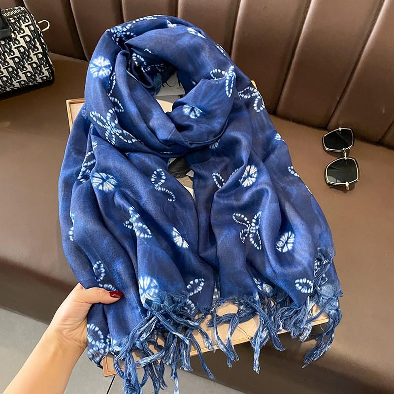 Long Cotton Linen Scarf Women Hand-Dyed Blue Indigo Wrap Shawl 180x90cm Lightweight Accessory