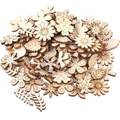 50PCS 2.5CM Wooden Flower and Leaf Pattern Cutouts for Crafts Mini Unfinished Wood Pieces for DIY Jewelry, Home Decor