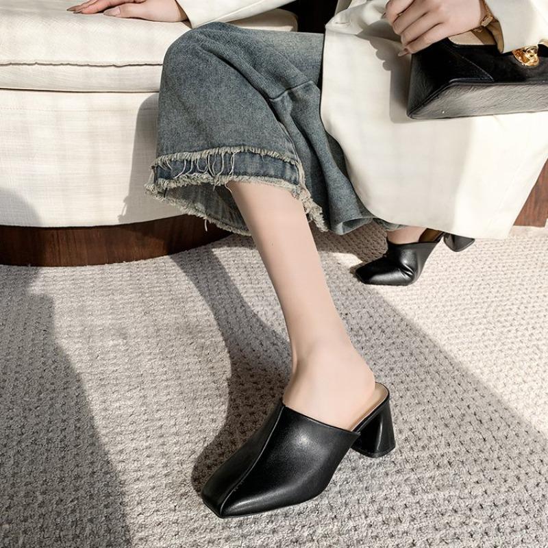 Fashion Comemore Baotou Half Slippers Women Square Head High Heels Shoes Fashion Outside Wear Thick Heel Solid Color Mules Slides Shoes