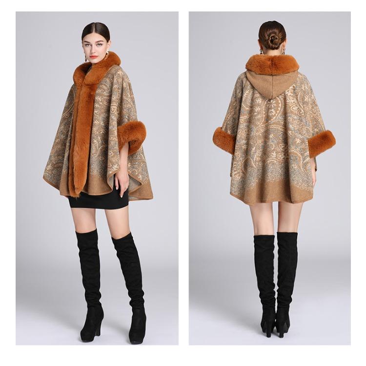 GMXIA Autumn and Winter Imitation Rex Rabbit Fur Collar Jacquard Shawl Cape Plus-size Woolen Coat Cardigan for Women