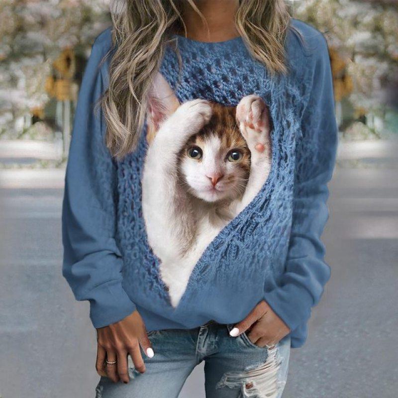 Women's Sweater Pullover T-Shirt Fashion Kitten Print Long Sleeve T Shirt Girls Street Casual Ladies Clothes O-Neck Sweatershirt