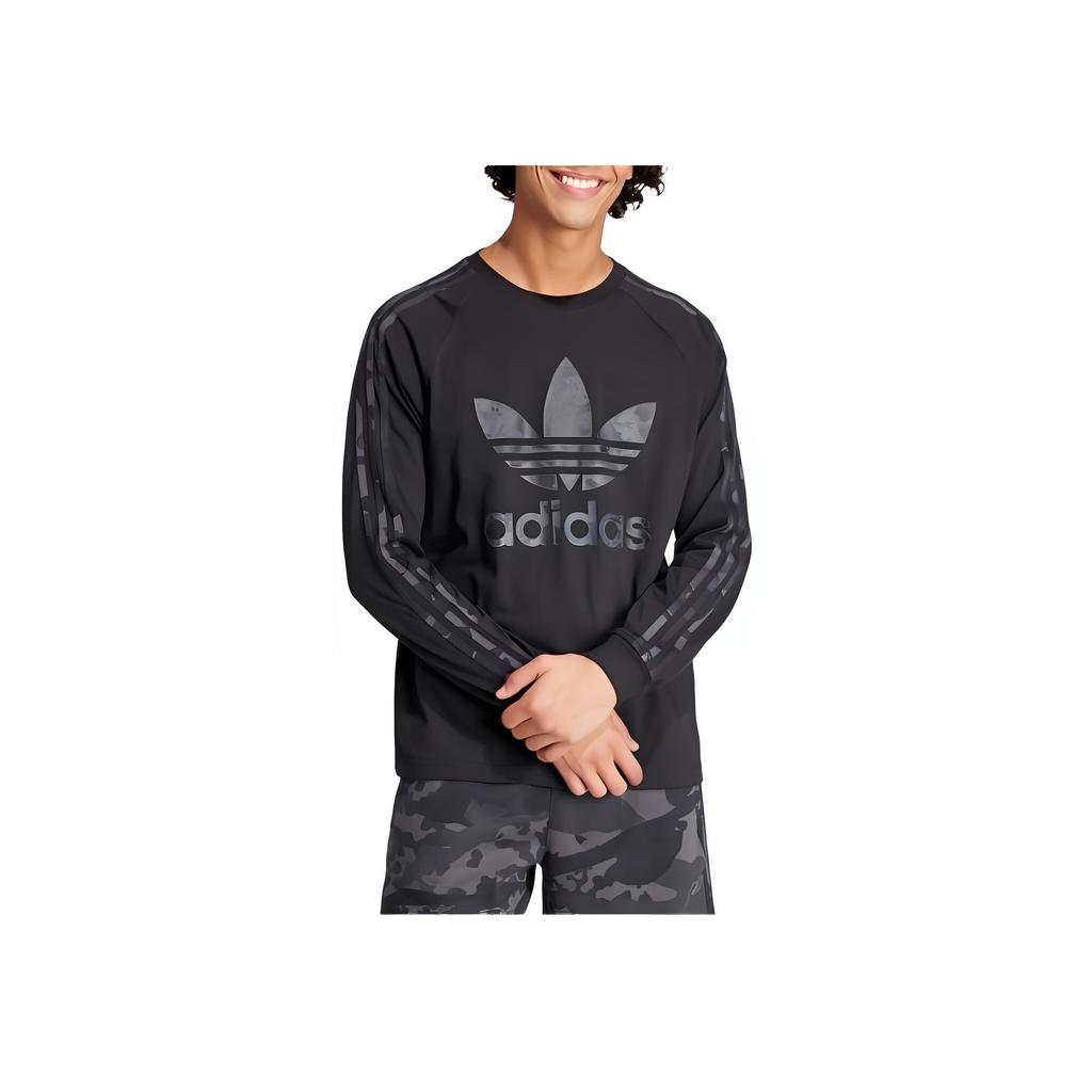 Adidas Originals Logo Print Striped Pattern Comfortable Crew Neck Long Sleeve Raglan T-Shirt Men Tops Black IS0238