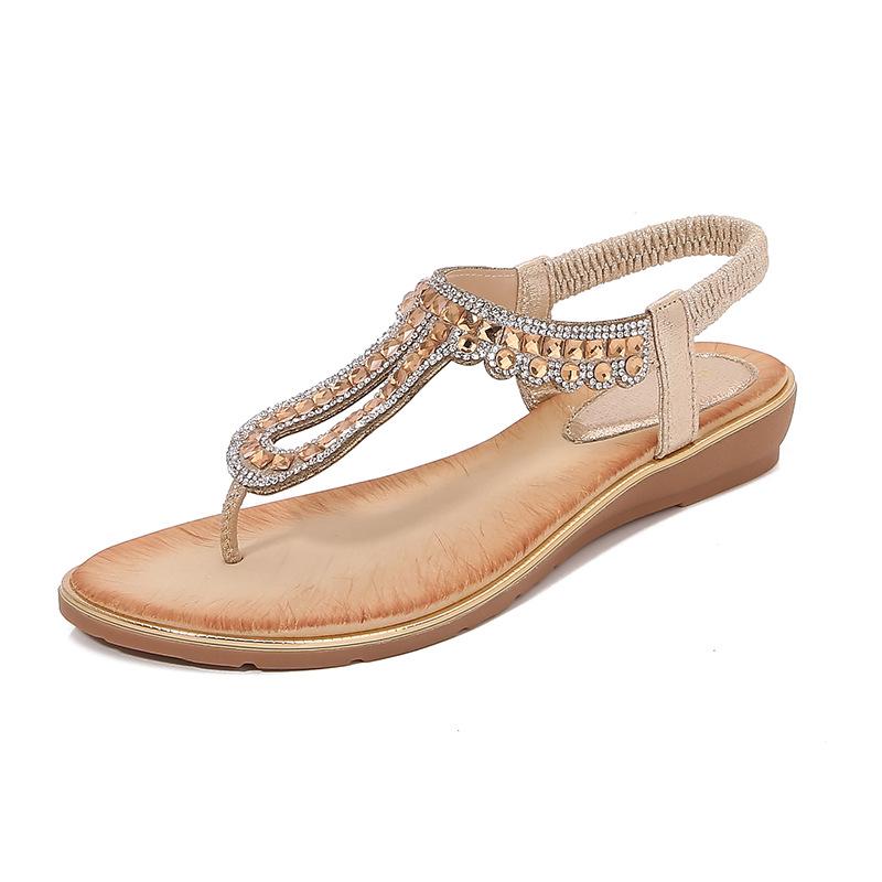 2024 rhinestone sandals round head flat heel hollowed out bohemian comfortable women's shoes summer