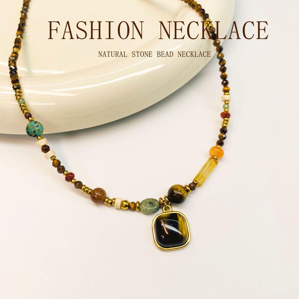 Original Natural Stone Beaded Colorful Necklace – High-End Crystal Retro Collarbone Chain