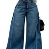 Women High Waist Wide Leg Jeans With Side Panels And Frayed Hem Casual Loose Fit Denim Pants