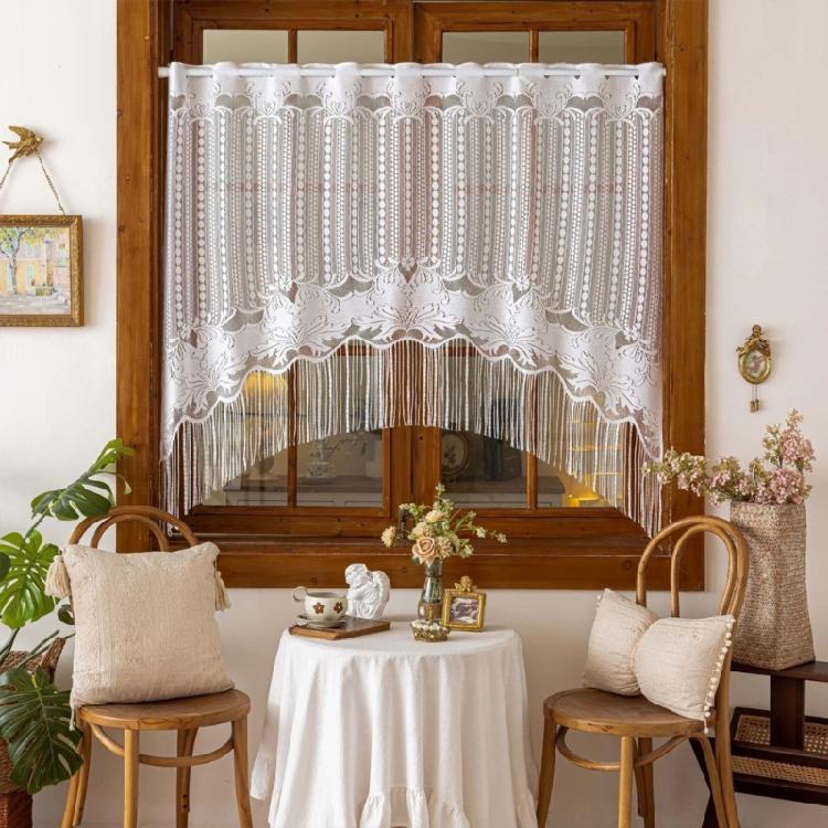 White Lace Fringed Valance Semi Sheer Half Curtain with Hole Easy Hanging for Room Partition Light Filtering Decors