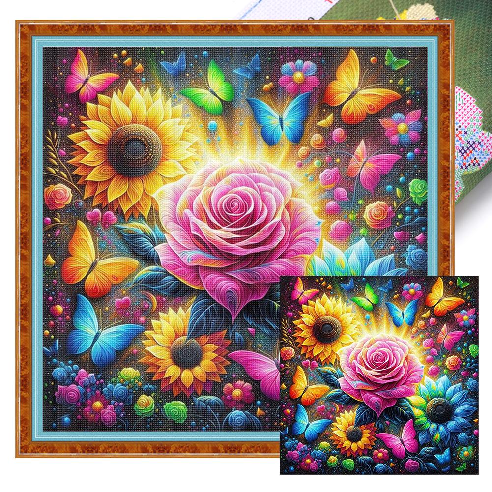 1 Set Full Embroidery Cotton Thread 11CT Printed Fantasy Flowers Cross Stitch Kits DIY Arts Ornament Home Decorations 40x40cm
