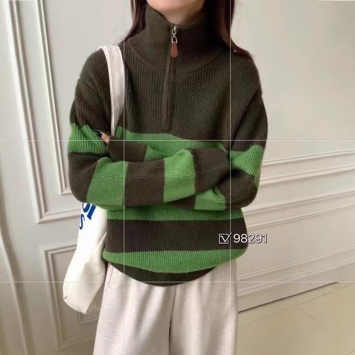 Pullover sweater women's autumn and winter zipper semi-open neck contrasting striped knitted sweater top