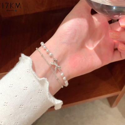 Korean Bow Artificial Pearl Bracelets for Women Double-layer Bowknot Silver Bracelet Fashion Accessories Jewelry Gift