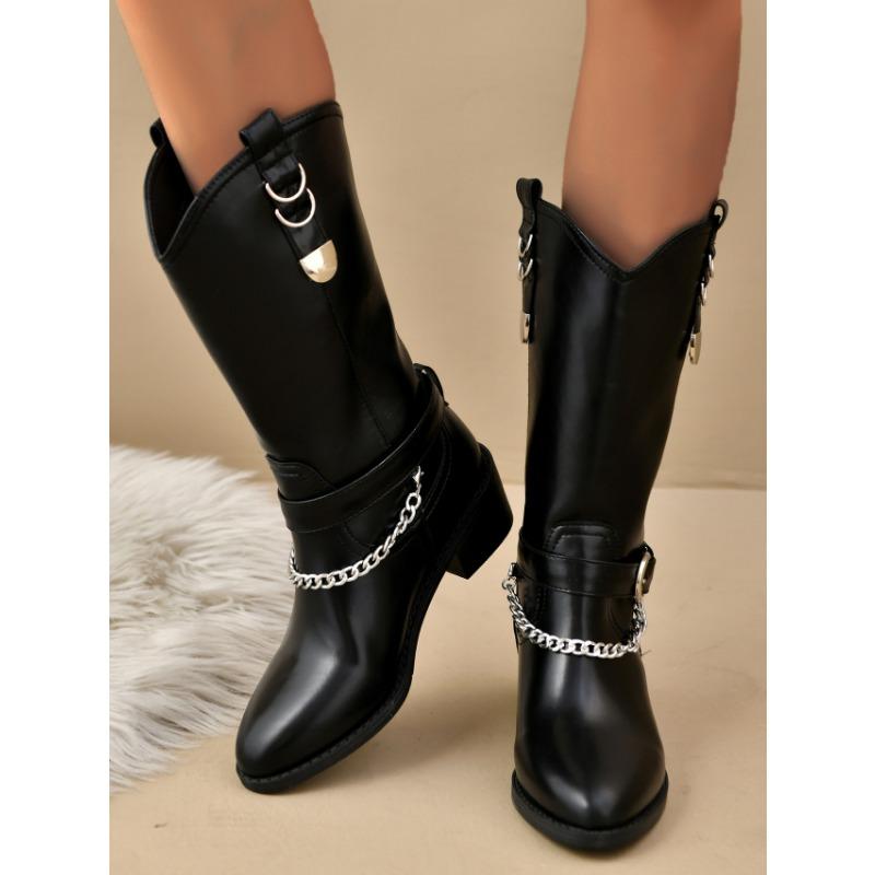 Women's Casual and Versatile Medium Boots New Fall Round Toe Chain Block Heel Solid Color Fashion Boots