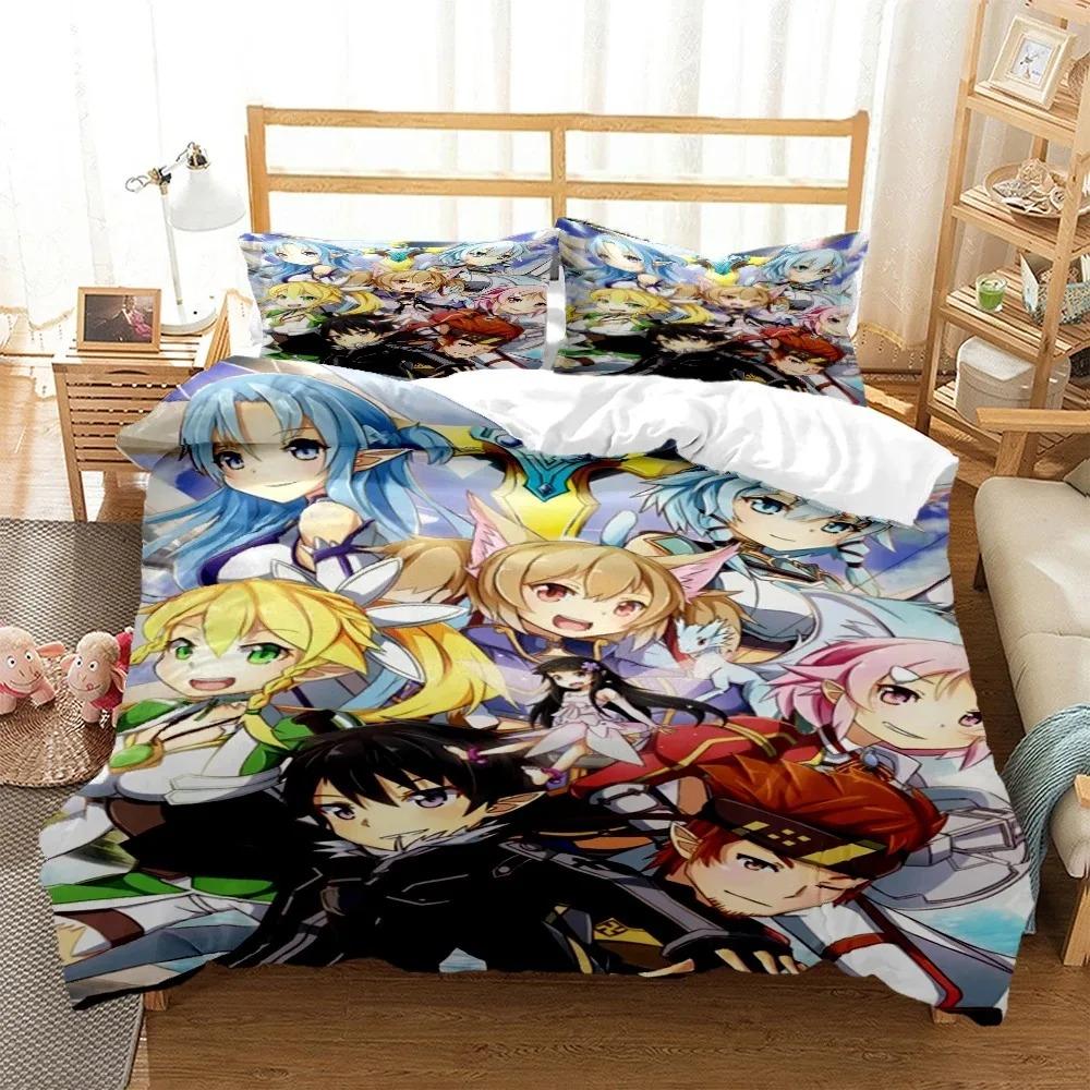 SAO Anime Art Print Three Piece Bedding Set Fashion Article Beds Quilt Covers Pillowcases Duvet Cover for Boys Adults