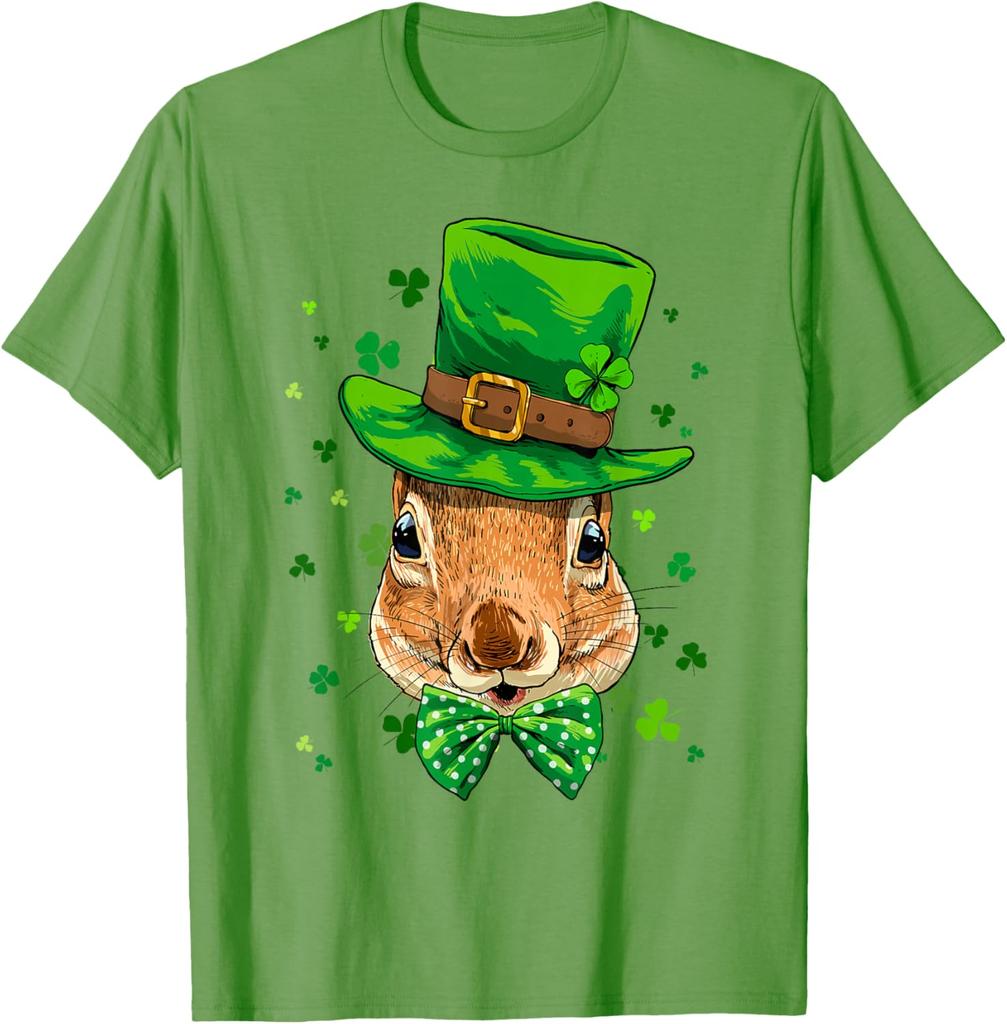 Squirrel Leprechaun St Patricks Day Graphic Print Cotton Crew Neck T-Shirt Casual Trip Tee