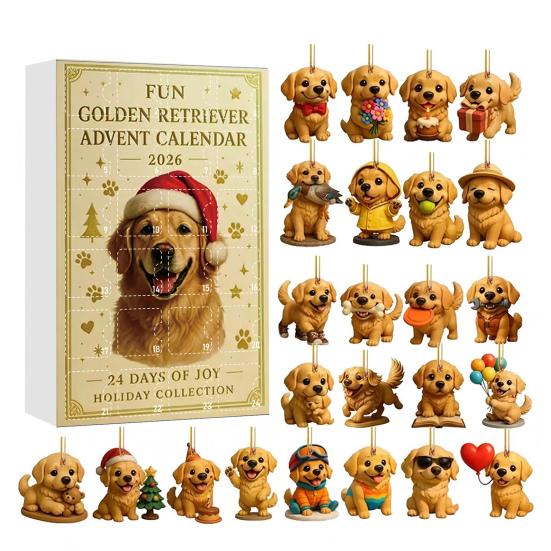 Christmas Collection Set 2026 Advent Calendar Box with 24 Dog Acrylic Ornaments, 2D Flat Hanging Gold Plated Pendants Charms, Countdown Blind Gift for