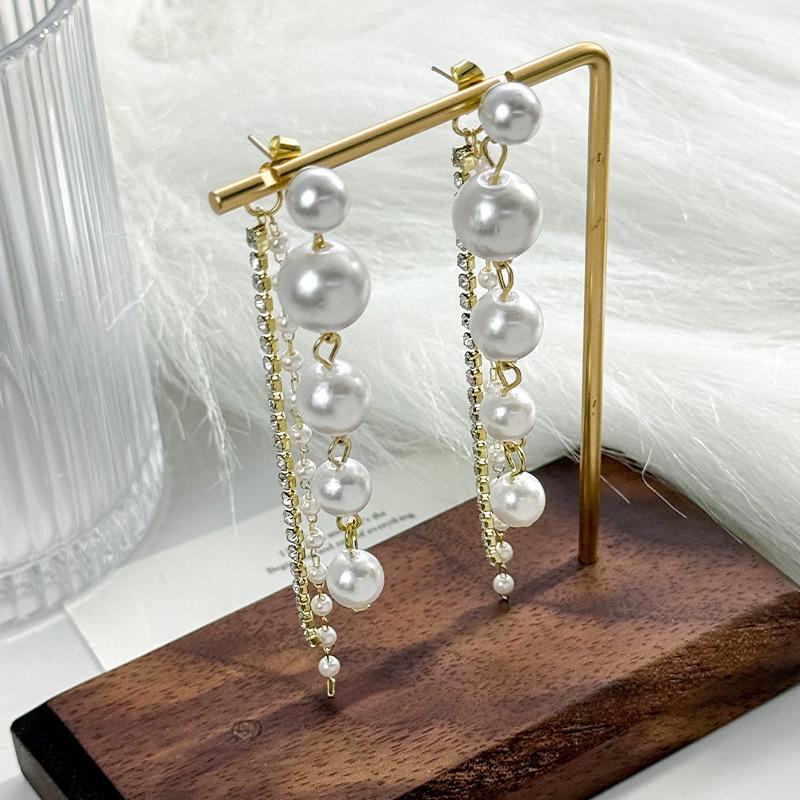 Korean light luxury temperament diamond-encrusted pearl long fringed earrings, earrings, fashion trend personalized earrings
