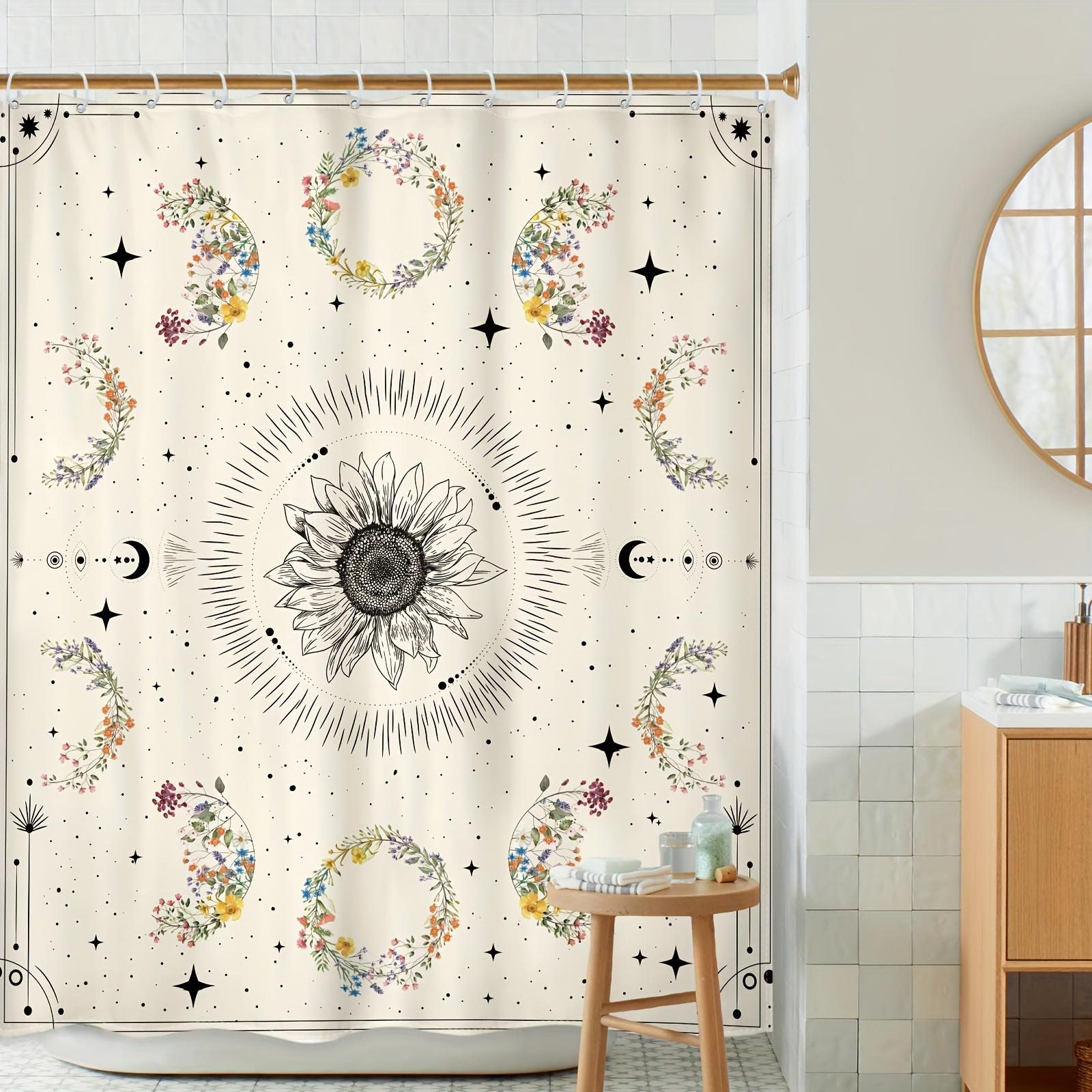 

Celestial Dream Shower Curtain - Bohemian Floral With Moon Phases & Stars, Waterproof, 12 Hooks, Easy Install, Beige Aesthetic W60H190(CM)-1 Pcs