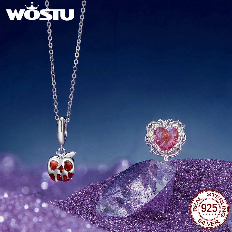 WOSTU 925 Sterling Silver Vintage Castle Beads Magic Mirror Pendant Red Crystal Heart Beads Fit Original Bracelet DIY Punk Gift