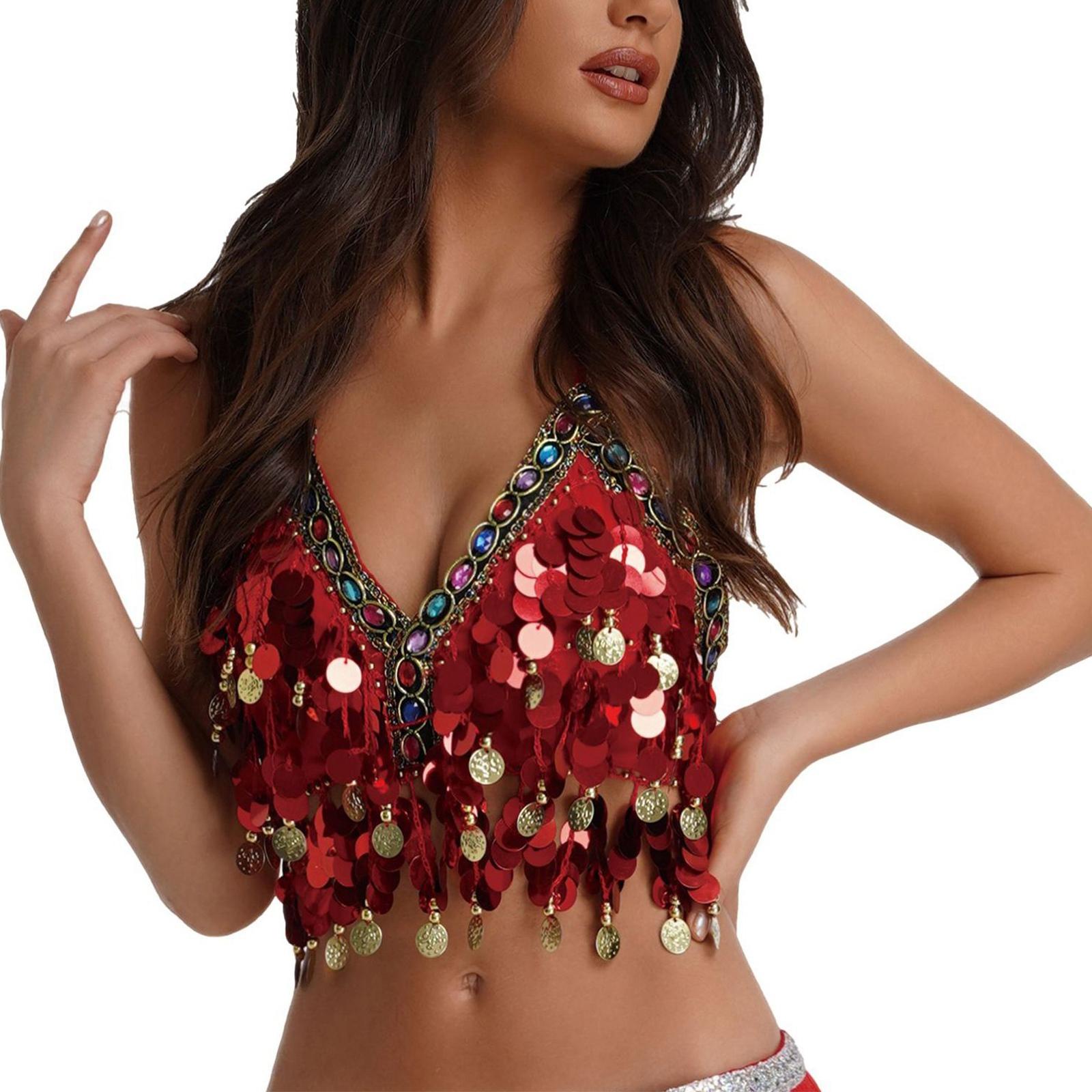 

Women s Sequined Strapless Belly Dance Bra Performance Top With Rhinestone Sequins One Size