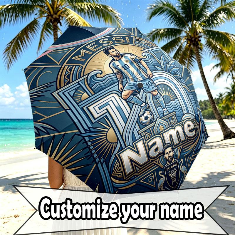 Custom Name Personalized Lionel Messi Print Umbrella, Auto Open Close, 8‑Rib Sturdy Frame, Commute Camping Hiking Use, Birthday Gift
