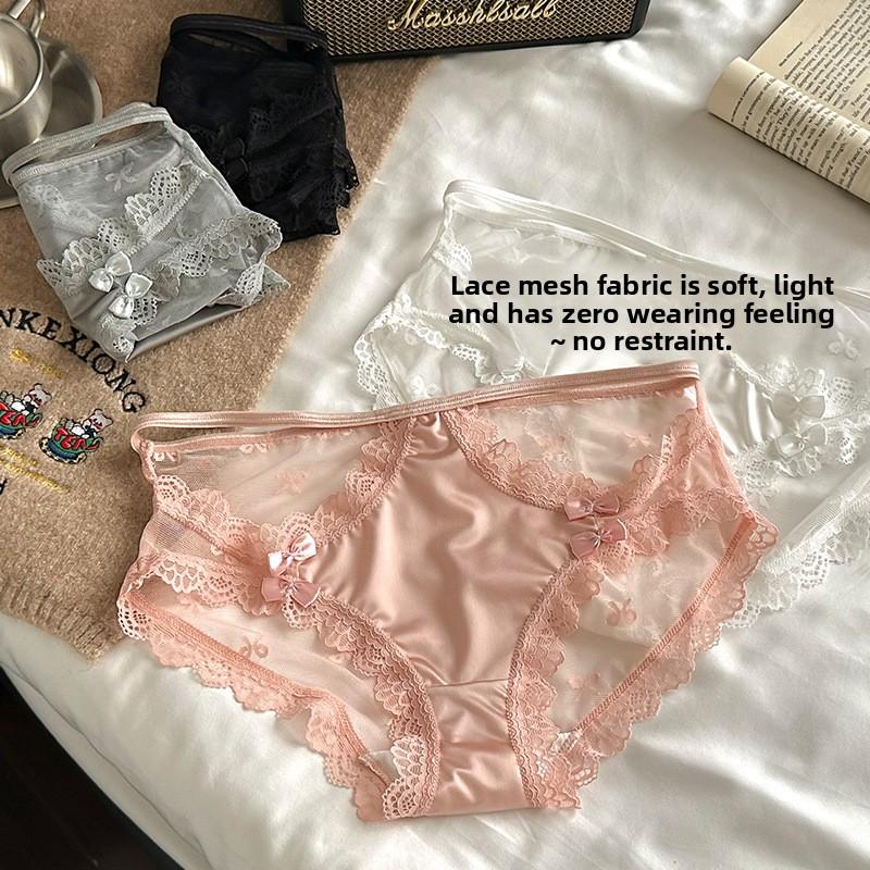 Ladies New Summer Sexy Lace Hollowed Out Bow Package Hip Mid Waist Triangle Briefs