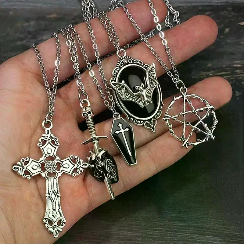 5Pcs Gothic Necklace Set For Women Halloween Jewelry Heart Bat Spider Cross Pendant Sweater Chain Trendy Daily Accessories Gift