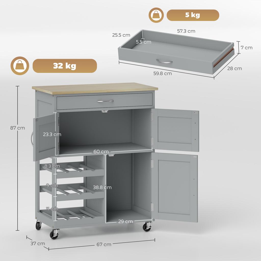 Modern Kitchen Trolley, Rolling Island Storage Cart with Drawer, 9-bottle Wine Rack, Door Cabinets, Wooden Countertop, Grey
