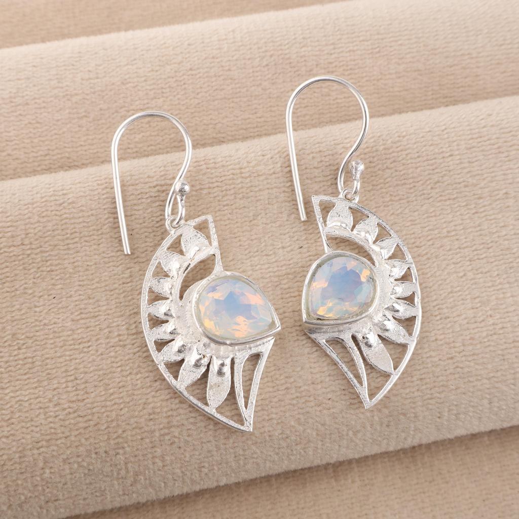 Milky Opal Gemstone Silver Hook Earring 1.5" 925 Sterling Silver Women Jewelry Gift For Wife CE-26-21