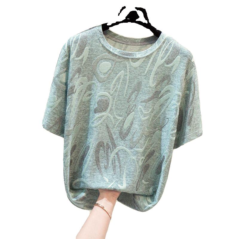Summer Women's Short Sleeved Round Neck T-shirt with Abstract Pattern for Middle-aged Moms