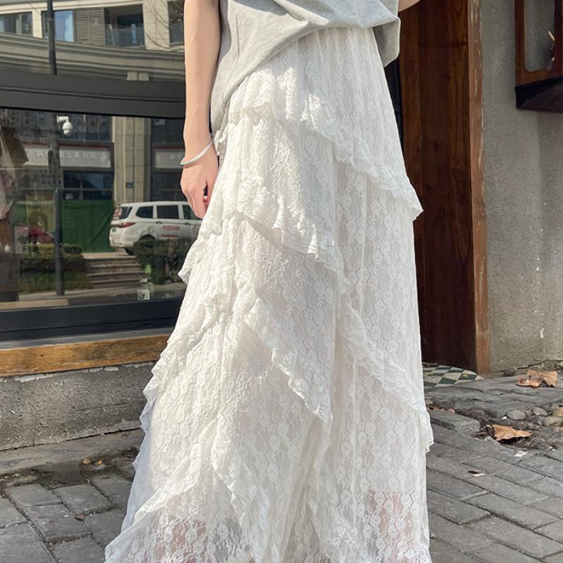 

Женская летняя белая винтажная лоскутная твиловая кружевная полуюбка на резинке, стройнящая тюлевая А-силуэта, длинная юбка-торт XL