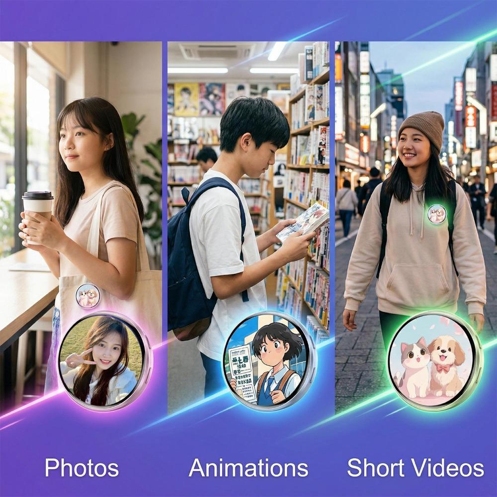 Anime E-Badge Display Pin 1.7 Inch Touch Screen LED Button Collectible Cyber Dynamic Images GIFs Short Videos Gift for Friends