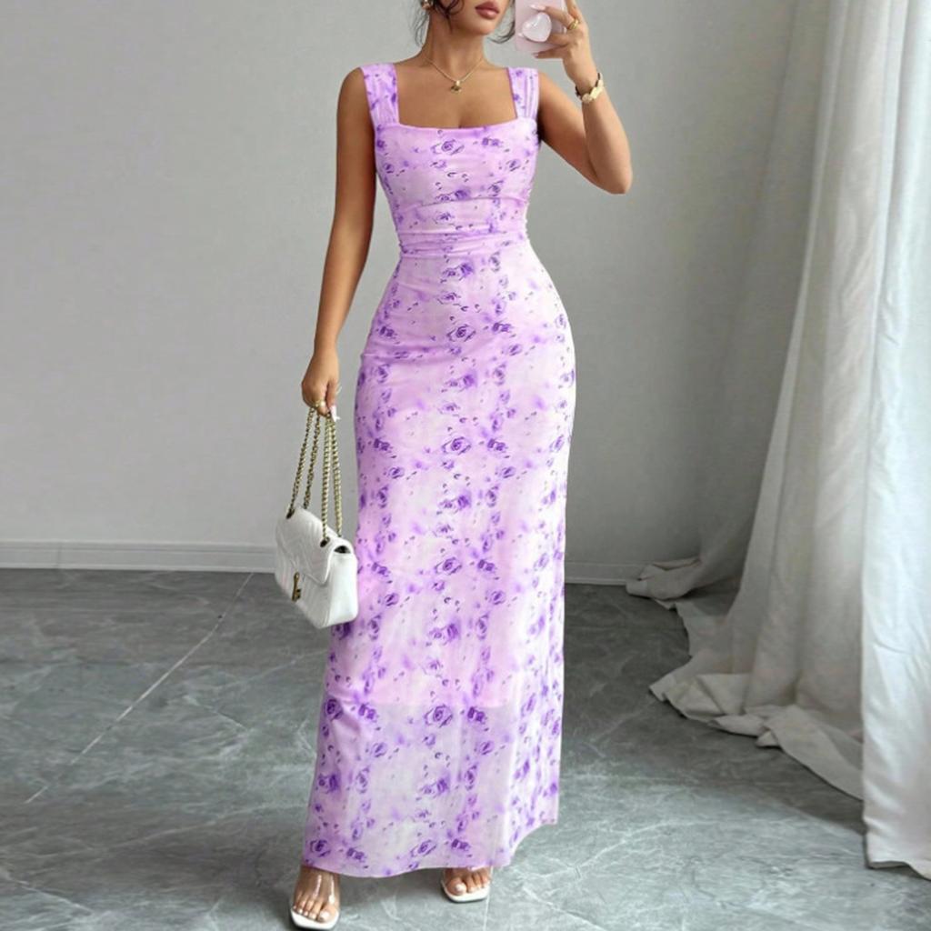 Abito Maxi Bodycon da Donna Senza Maniche Scollatura sulla Schiena Stampa Floreale Scollo Quadrato Aderente Lungo per Uso Casual e da Festa