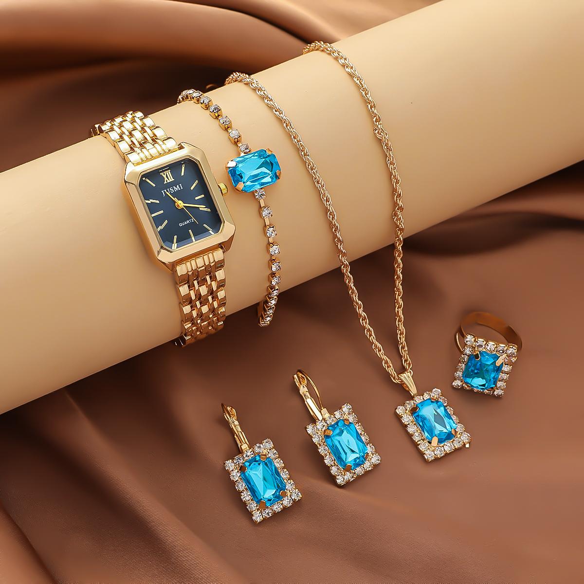 

Женские кварцевые часы высокого класса в гонконгском стиле без подарочной коробки, нишевые часы легкой роскоши с набором из 5 аксессуаров золотой